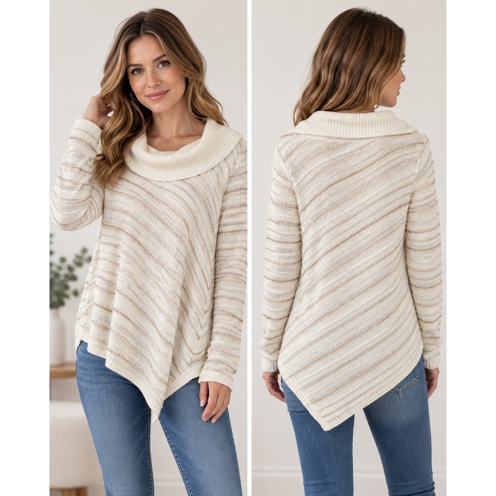 White House Black Market M Ivory Metallic Stripe Cowl Neck Asym Hem Sweater